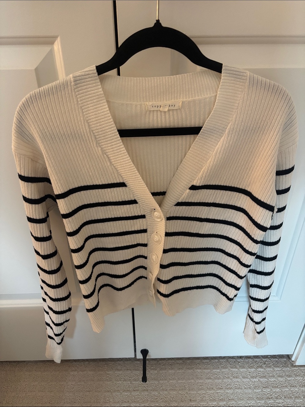 Cozy Ivory and Black Striped V-Neck Cardigan Sweater